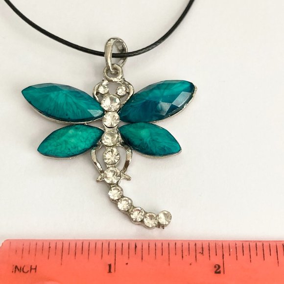 Vtg Dragonfly Necklace Pendant Insect Aqua Crystal Silver Plated Black Cord 18" - Picture 9 of 10
